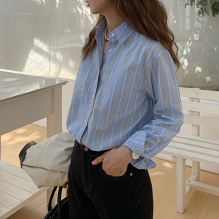 大吹女秋季AW/氧气感撞色条纹多巴胺明艳立领小版型纯棉长袖衬衫