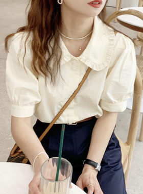 大吹女/ 香草冰淇淋人手一件直角肩娃娃领淡奶油黄泡泡袖衬衫