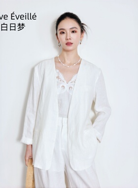 1法式亚麻无领西装夏季薄款透气宽松职场通勤休闲百搭西服外套女