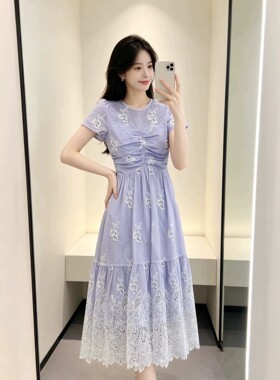 深圳南油2026夏法式紫色刺绣连衣裙女短袖收腰中长款温柔风仙女裙