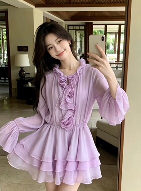 南油品质2026春夏款法式紫色连衣裙女荷叶边收腰显瘦度假风蛋糕裙