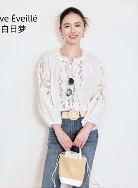 南油品质法式镂空刺绣灯笼袖上衣女圆领系带宽松显瘦度假百搭衬衫