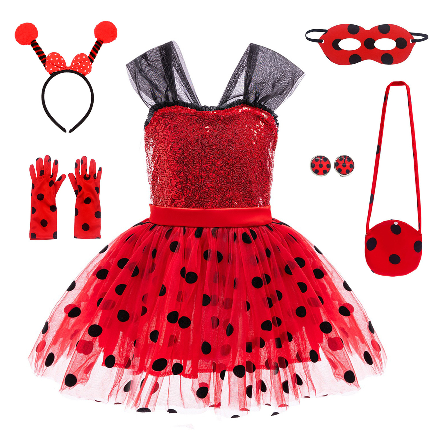 外贸童装女童红色连衣裙网纱COS瓢虫波点蓬蓬裙儿童舞台表演礼服