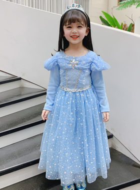 爱莎公主裙女童长袖连衣裙儿童生日礼服派对表演服装春秋新款蓝色