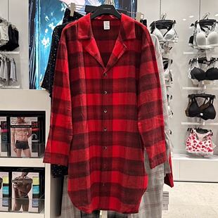 CK专柜正品大红色女士新年格纹中长款睡衣纯棉磨毛绒家居服QS7037