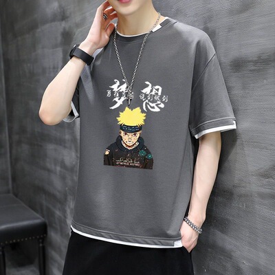 短袖t恤男假两件夏季重磅半袖宽松大码青少年冰丝体恤圆领男士T恤