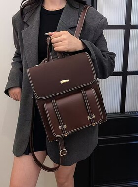 简约韩式双肩包2025新款复古风背包行李包包通勤校园女大学生书包