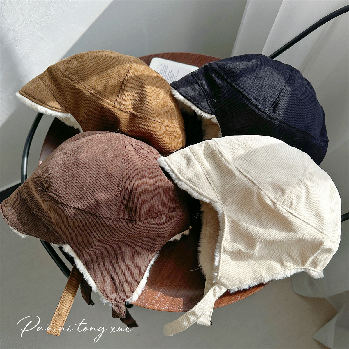 秋冬季雷锋帽新款加厚毛绒灯芯绒保暖防风户外滑雪系带飞行帽子