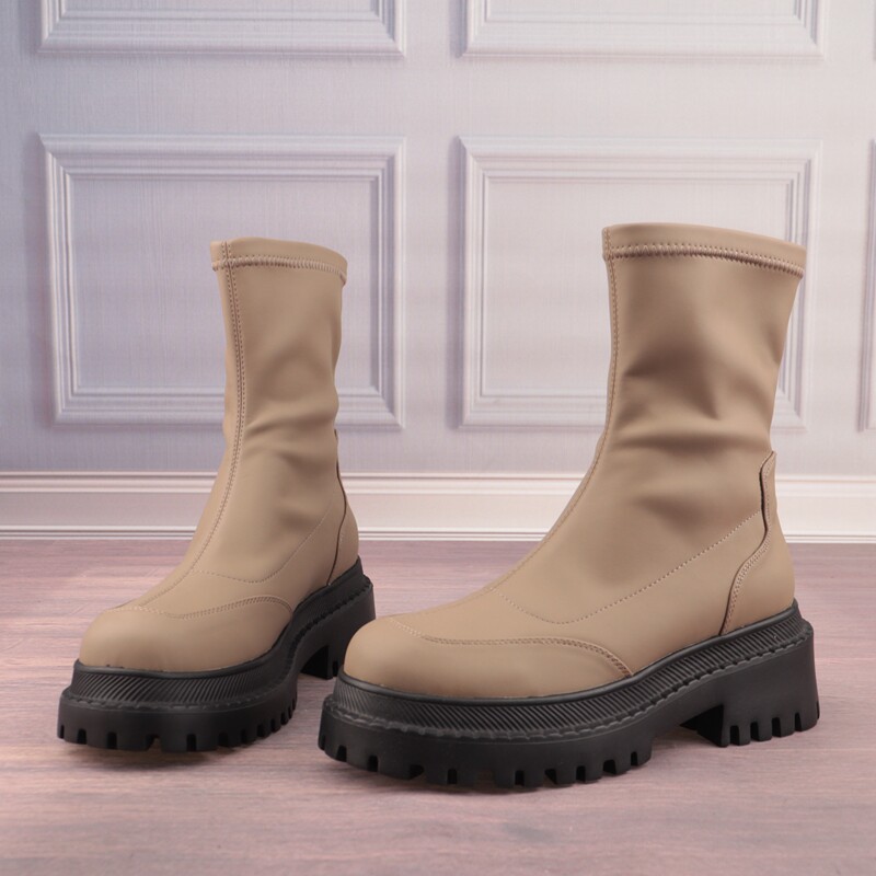 35码圆头拼色高跟羊皮真皮垫女鞋子欧美女靴短筒弹力袜靴子D108-2