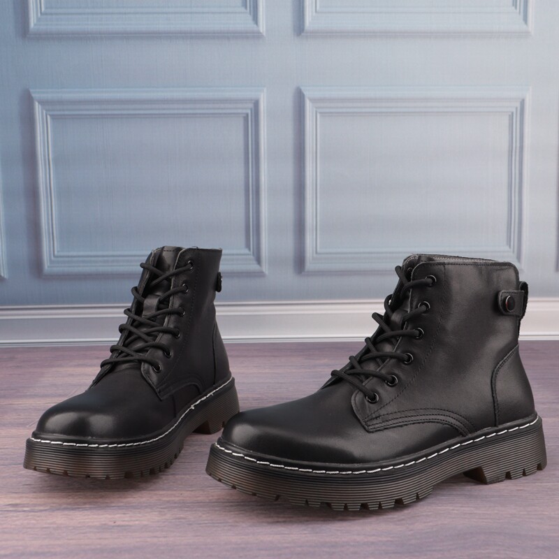 黑色牛皮真皮圆头防水台中跟男鞋子男靴子工装短筒马丁靴N17-2