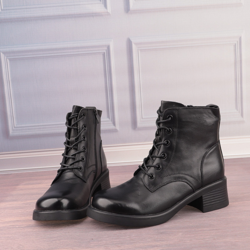 39码黑色交叉绑带牛皮真皮女鞋子休闲通勤高帮短靴时装靴子T98-2