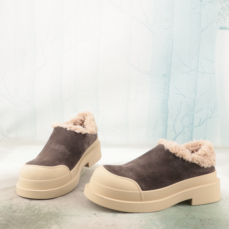 羊绒皮拼色卷毛中跟中性乐福鞋