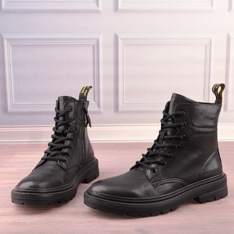 37码黑色牛皮真皮圆头中跟小码男鞋子百搭男靴短筒马丁靴子D123-2