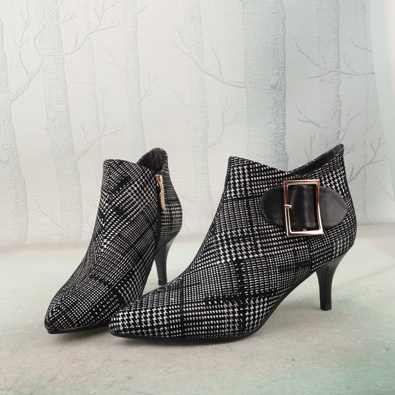 39码尖头细跟格子羊猄皮带拼色皮带扣女鞋子短靴子时装靴x146-3