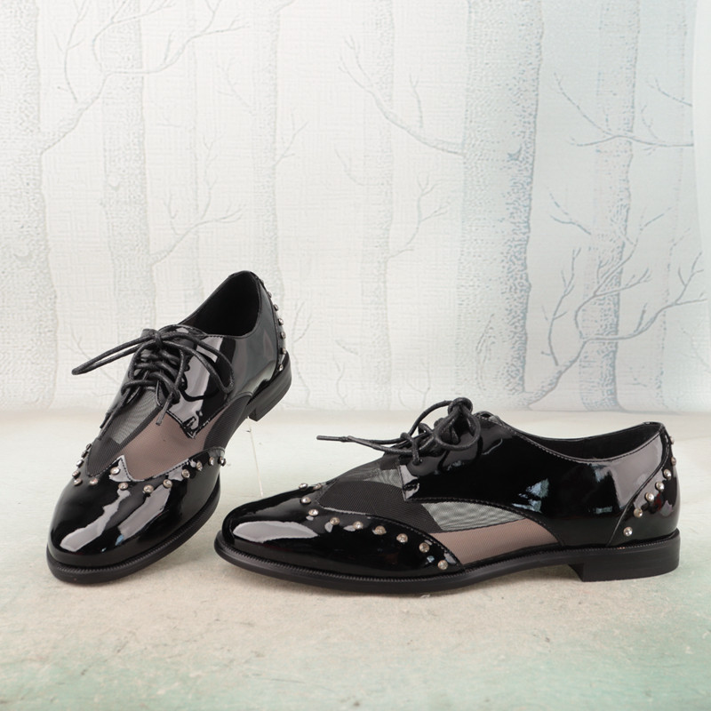 漆皮网纱水钻圆头系带低跟透气羊皮真皮垫女鞋子深口单鞋d39-2