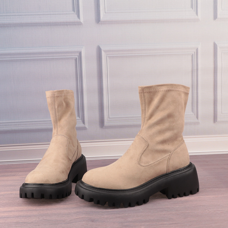 灰色圆头锯齿跟猪皮真皮垫女鞋子短筒女靴弹力靴时装靴X138-3