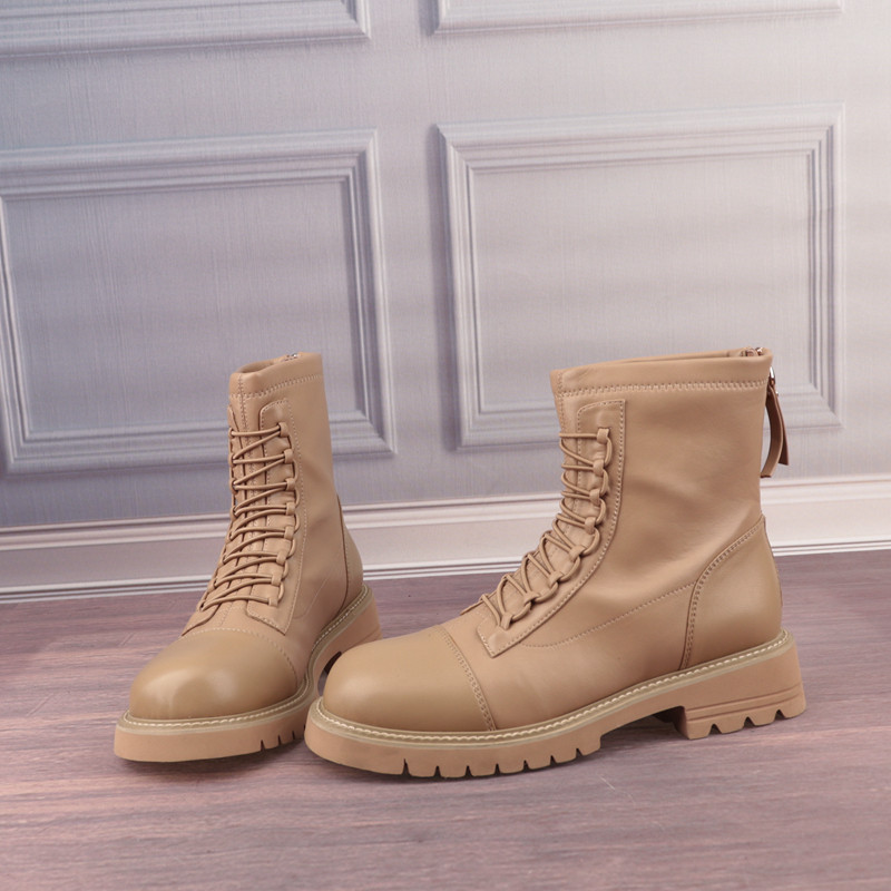 杏色车缝线后拉链真皮垫女鞋子简约休闲女靴短筒时装靴子X135-2