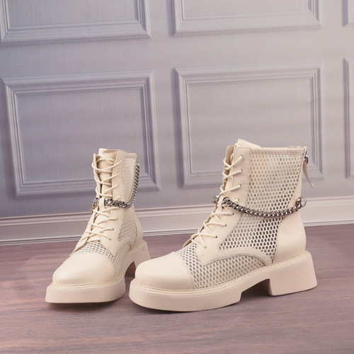 胎牛皮真皮拼接镂空网眼女马丁靴