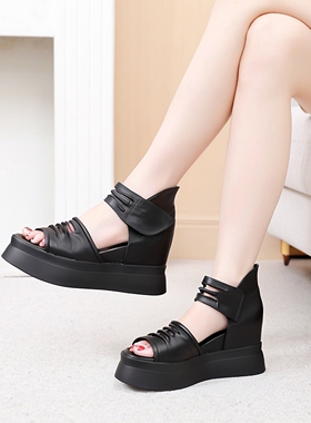 黑色牛皮真皮松糕底内增高魔术贴欧美女鞋子露趾时装凉鞋X59-2