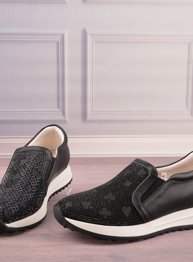 水钻圆头拼色摇摇底牛皮革真皮休闲女鞋子深口单鞋懒人鞋X87-2