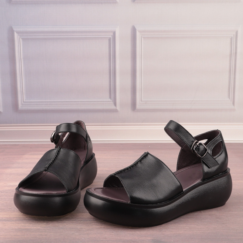 34-40码牛皮真皮摇摇底高跟复古风女鞋子露趾外穿休闲凉鞋N79-3