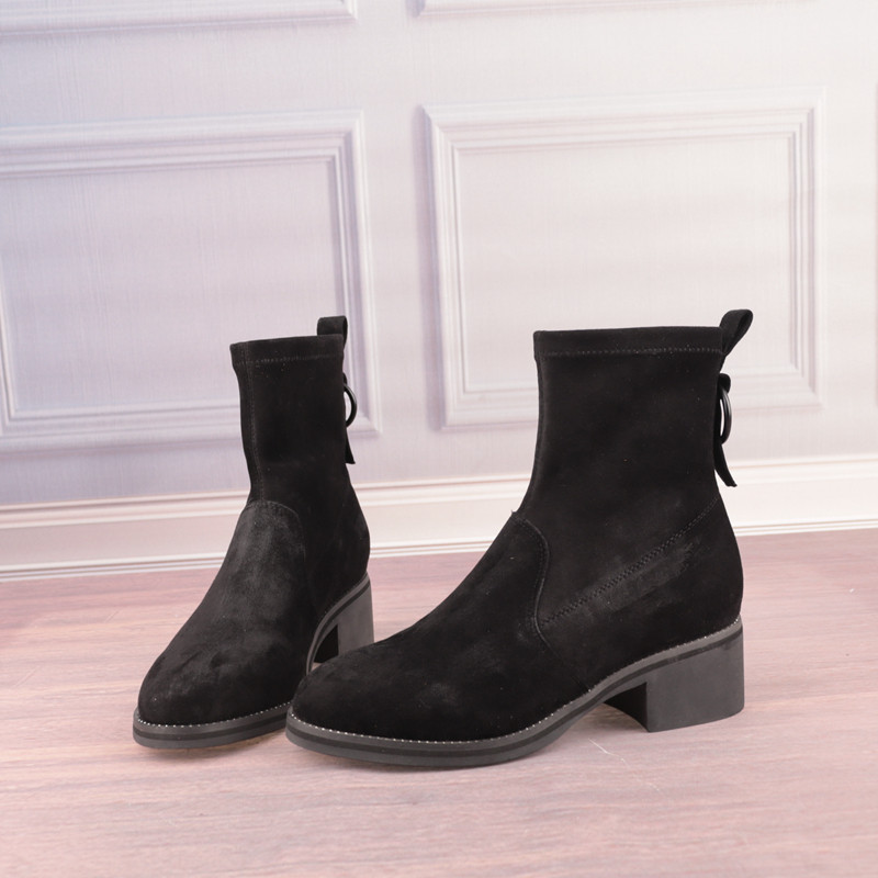 35码黑色圆头粗跟绒面女鞋子真皮垫欧美女靴短筒时装靴子X112-2