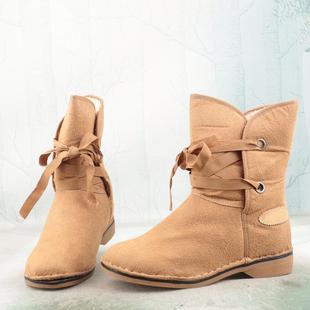 雪地靴X101 圆头交叉绑带绒面拼色低跟舒适女鞋 子女靴中筒棉鞋