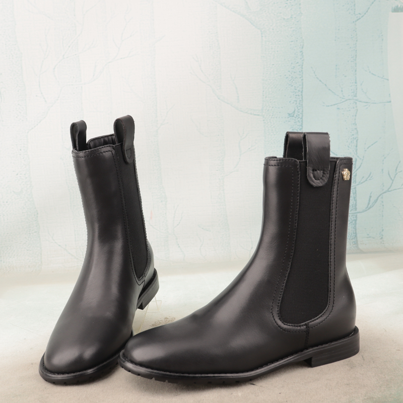 真皮圆头低跟拼接女鞋子英伦短筒