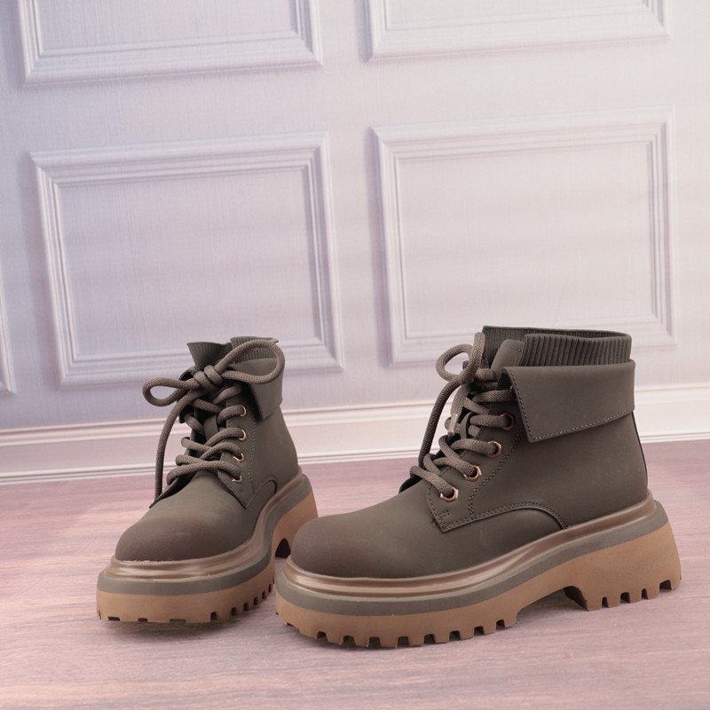 37码灰色猪皮真皮垫系带厚底女鞋子百搭女靴短筒时装靴子X111-3