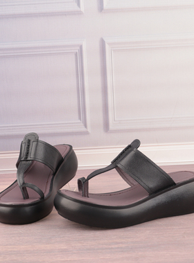 34-39码摇摇厚底牛皮真皮女鞋子休闲露趾套趾凉鞋舒适拖鞋P69-3