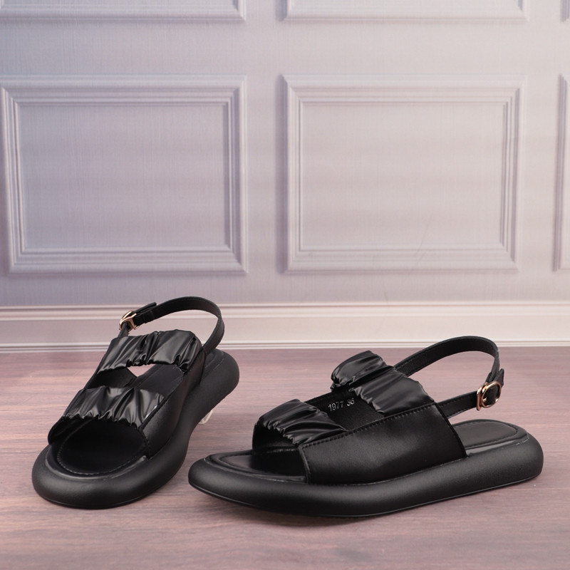 PP黑色二层牛皮真皮平底一字扣女鞋子夏季简约日常露趾凉鞋N33-3