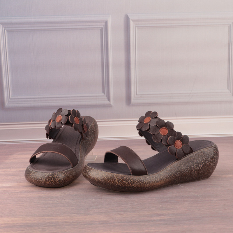 34-40码花朵牛皮革真皮镂空坡跟摇摇女鞋子休闲一字拖凉拖鞋X04-3