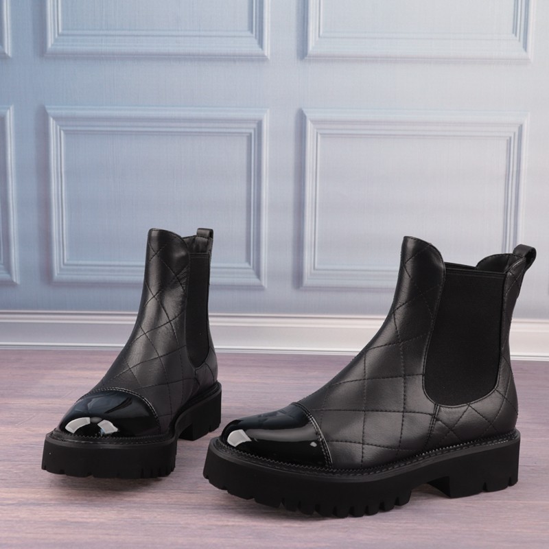 38-40码格纹牛皮面羊皮垫真皮中跟女鞋女靴短筒切尔西靴子D132-2