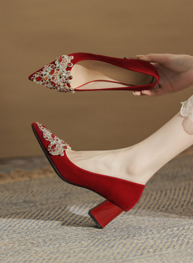 金罡CH60-31粗跟尖头新娘鞋婚鞋红色结婚单鞋2024新款春季高跟鞋
