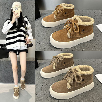 加绒保暖毛毛鞋女2025冬季新款复古磨砂厚底时尚百搭休闲系带棉鞋