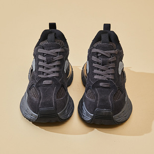 真皮厚底老爹鞋女款2025新款网面百搭加绒松糕增高复古休闲运动鞋