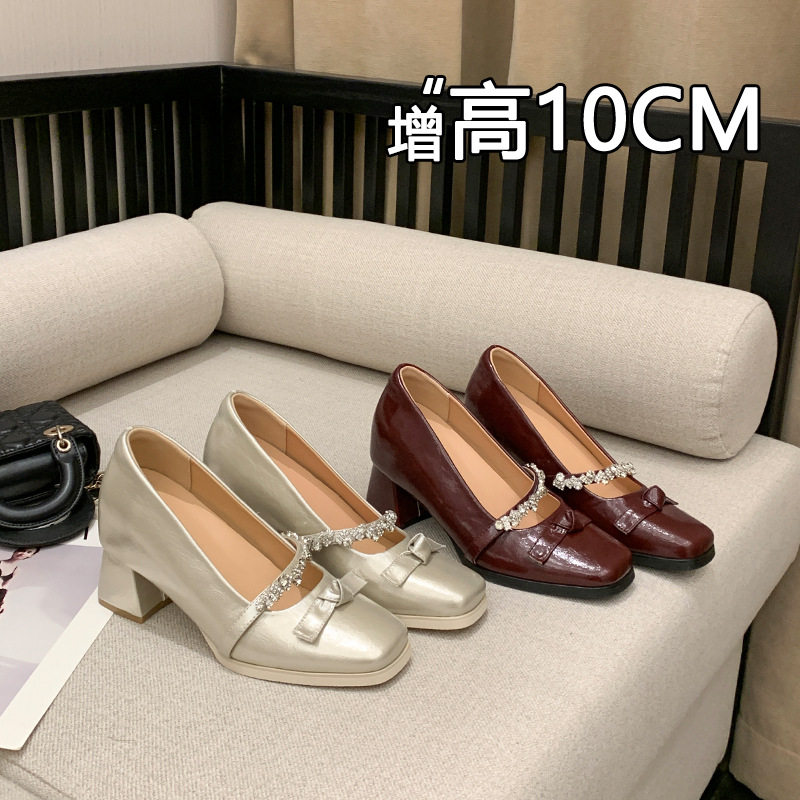 小个子10cm甜美风蝴蝶结内增高玛丽珍鞋女粗跟浅口防水台高跟单鞋
