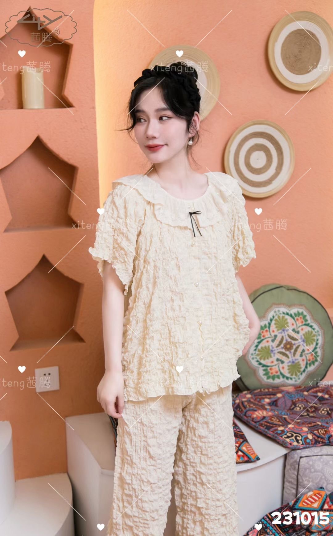 茜腾女士夏季新款泡泡棉可爱风学生短袖长裤家居服睡衣套装连体裤