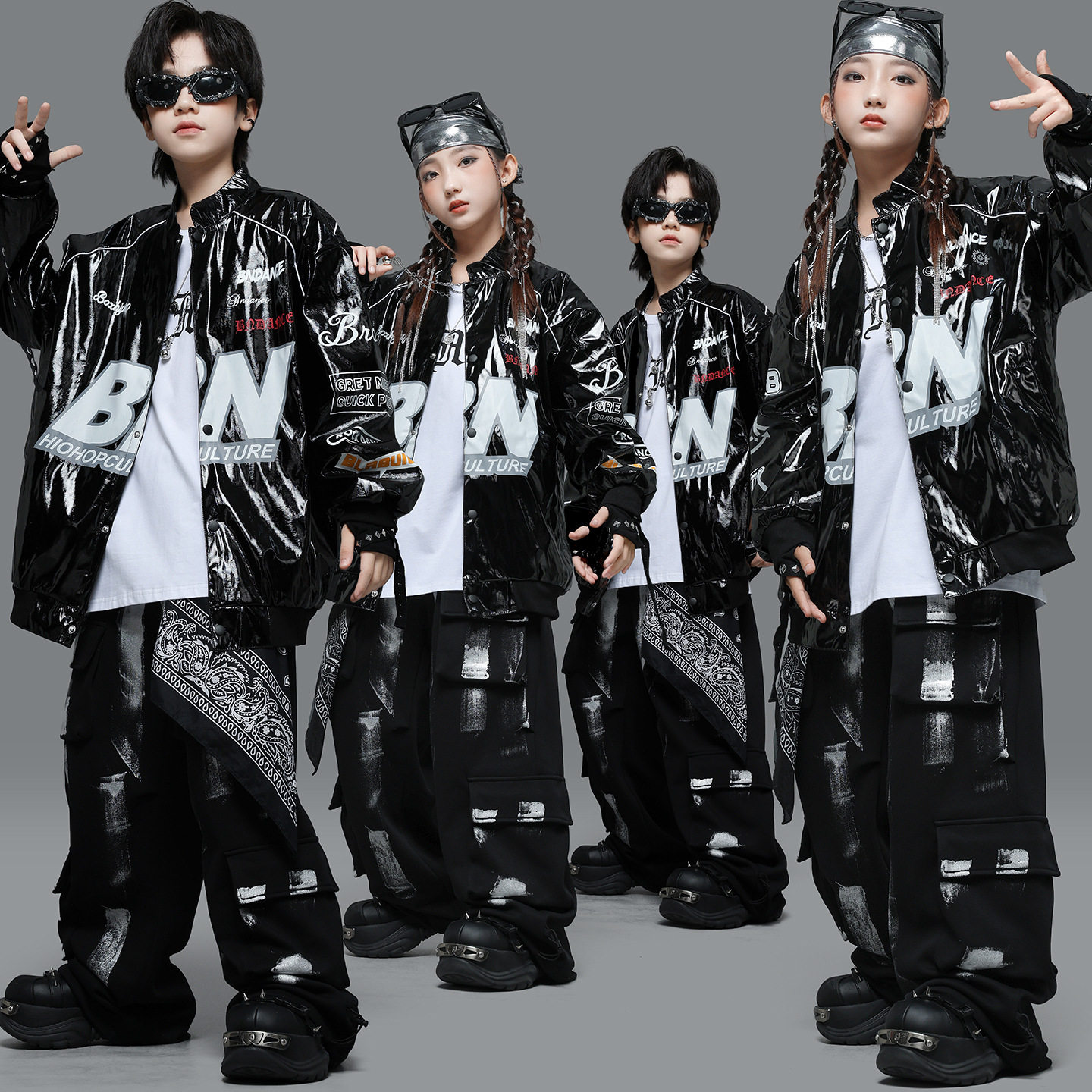 儿童街舞潮服少儿架子鼓演出服女童爵士服装男童嘻哈美式亮皮外套