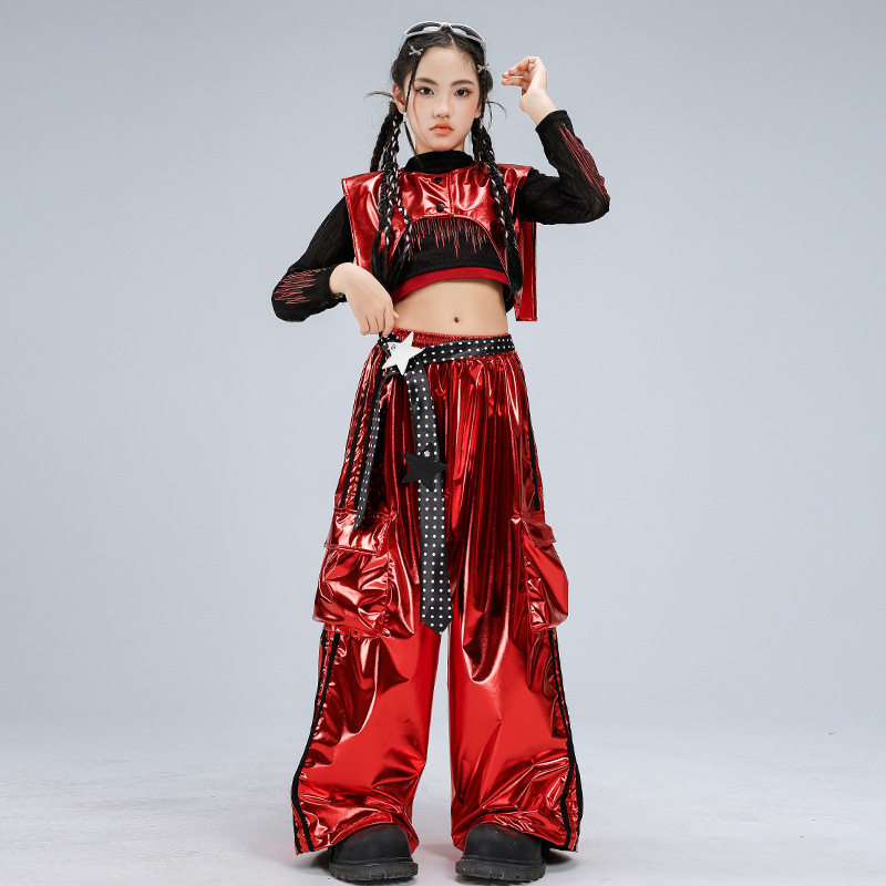 女童爵士舞服装黑红露脐皮裤舞蹈服套装jazz女孩走秀元旦演出服女