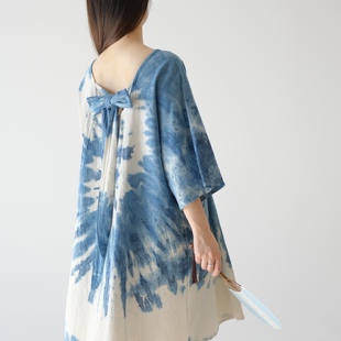 手工蓝染 纯棉背后大蝴蝶结设计圆领宽松舒服的T恤式连衣裙 3色