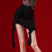 CONNY拉丁舞半身裙女跳舞蹈练功服下装 不规则国标摩登舞裙子黑色