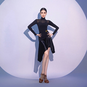 CONNY拉丁舞服女半身裙子黑色跳舞蹈训练功服上衣表演出套装 长袖