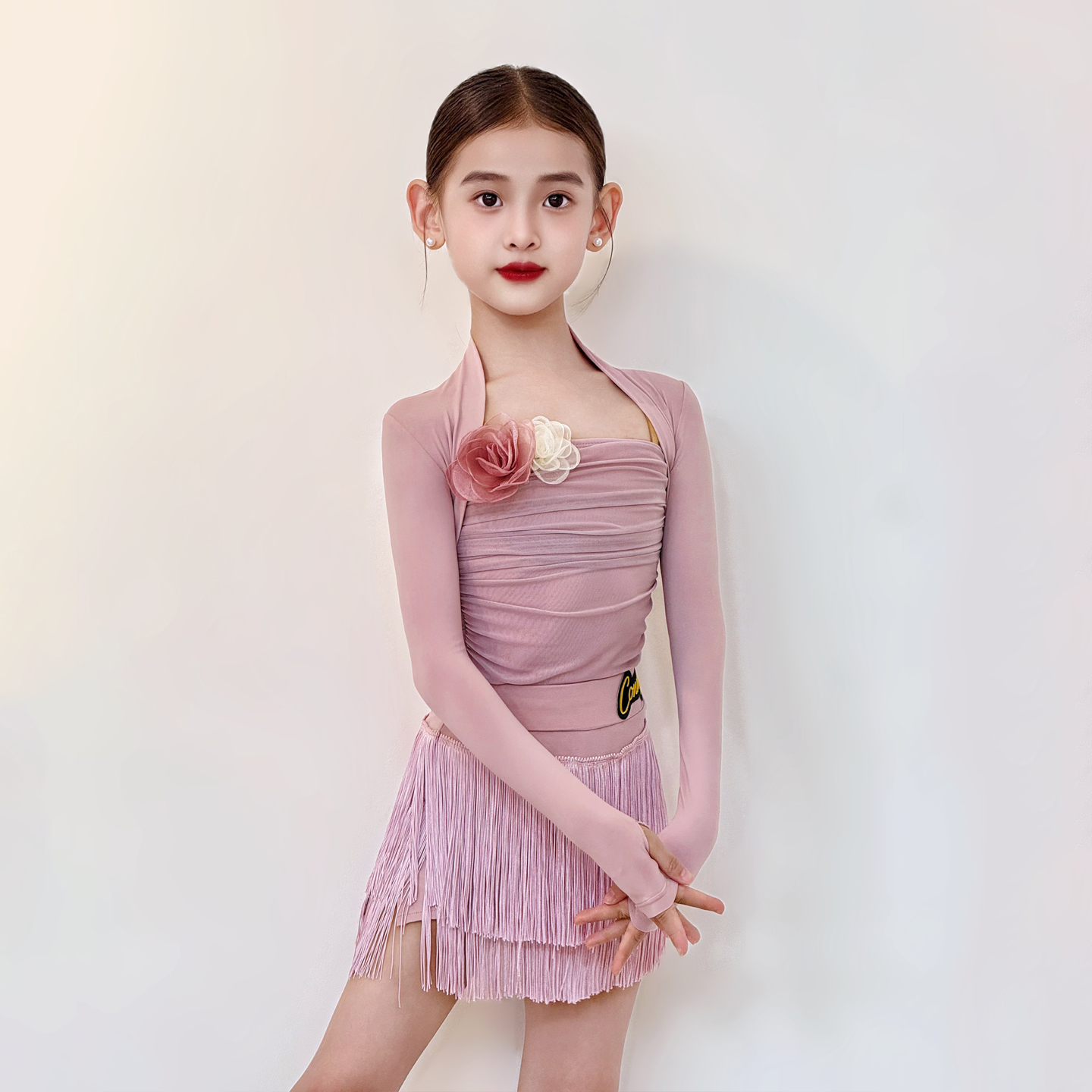 康尼新款拉丁舞服套装女儿童日常舞蹈练功长袖披肩吊带上衣流苏裙