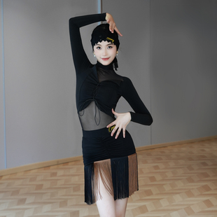 CONNY拉丁舞服装女成人舞蹈训练功服套装网纱长袖上衣流苏半身裙
