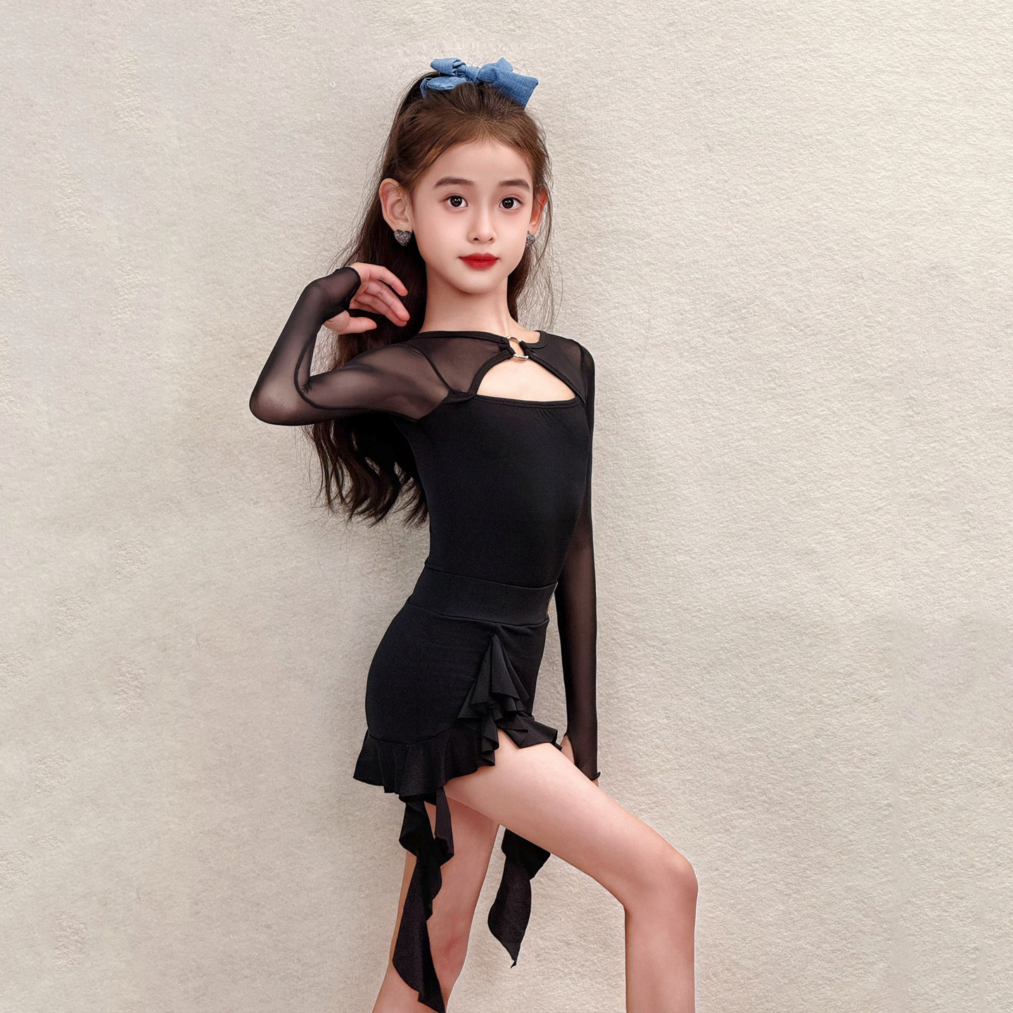 CONNY拉丁舞服女儿童舞蹈训练功服网纱长袖上衣半身裙表演出套装