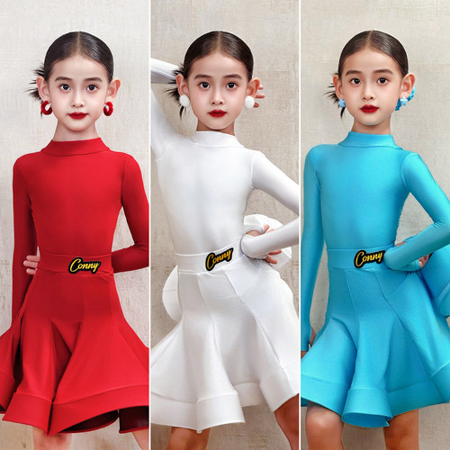 CONNY拉丁舞比赛规定赛服装专业女儿童舞蹈衣演出表演鱼骨裙长袖