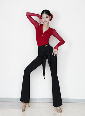 CONNY拉丁舞服套装女舞蹈练功长裤子绑带微喇叭长短袖网纱V领上衣