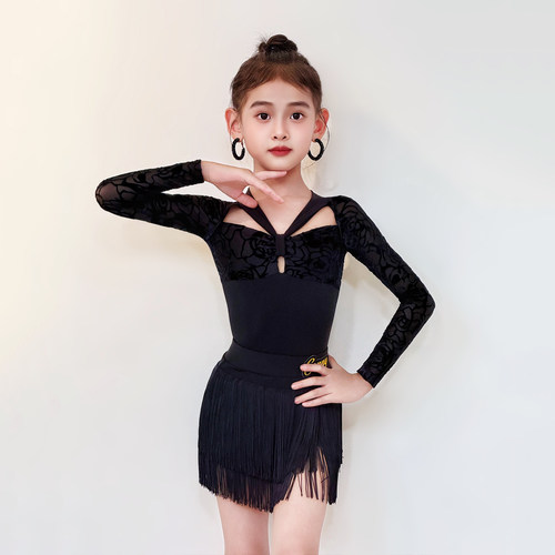 CONNY康尼拉丁舞服装女儿童跳舞蹈练功服训练表演长袖上衣流苏裙