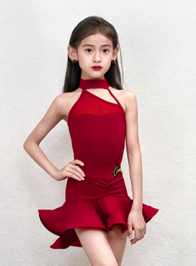 康尼新款红色拉丁舞服女儿童挂脖吊带上衣跳舞蹈练功服鱼骨裙套装